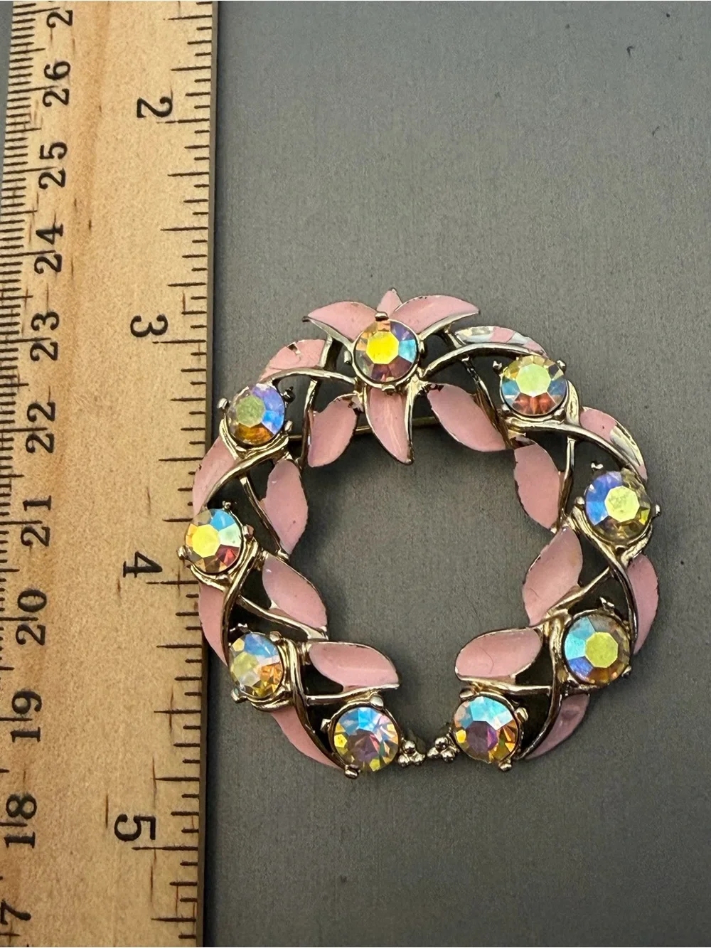 Kramer Pink Enamel Aurora Borealis Crystal Wreath Brooch